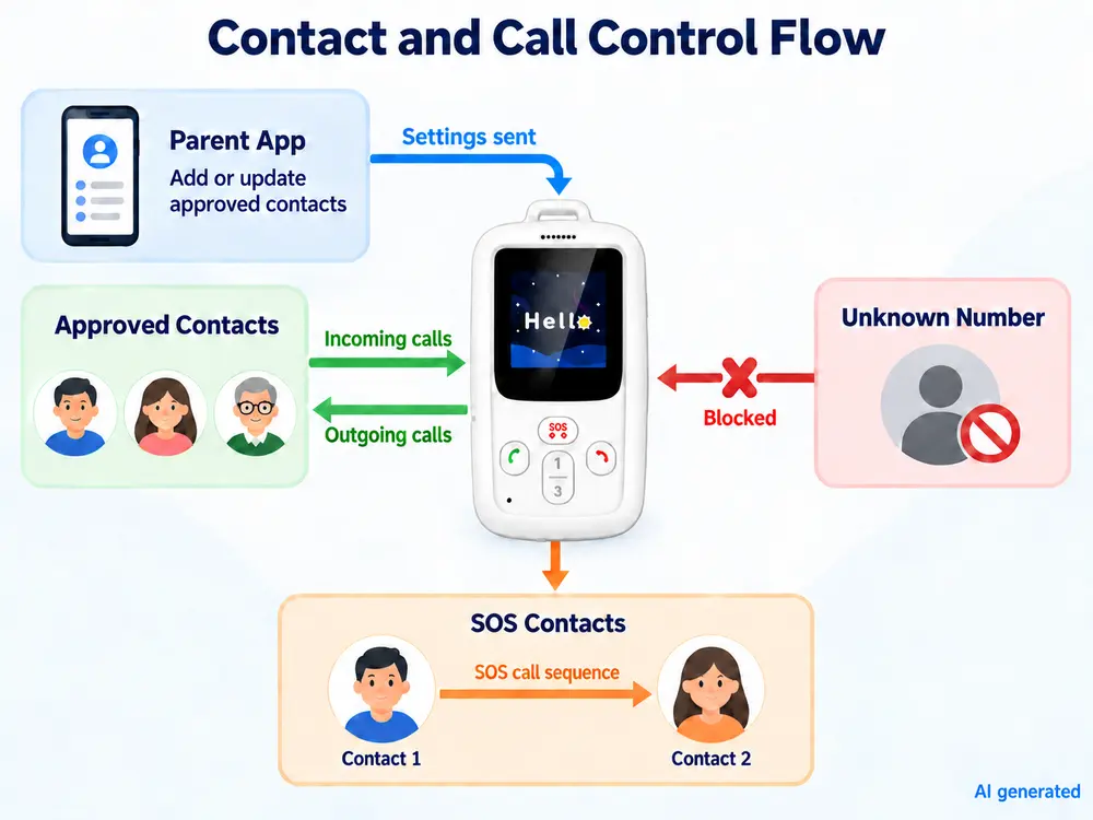 Approved contact and call control flow for a KAER kids phone