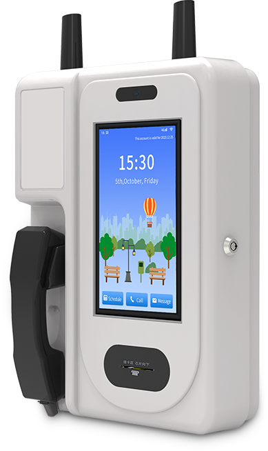 Modern white payphone with digital display