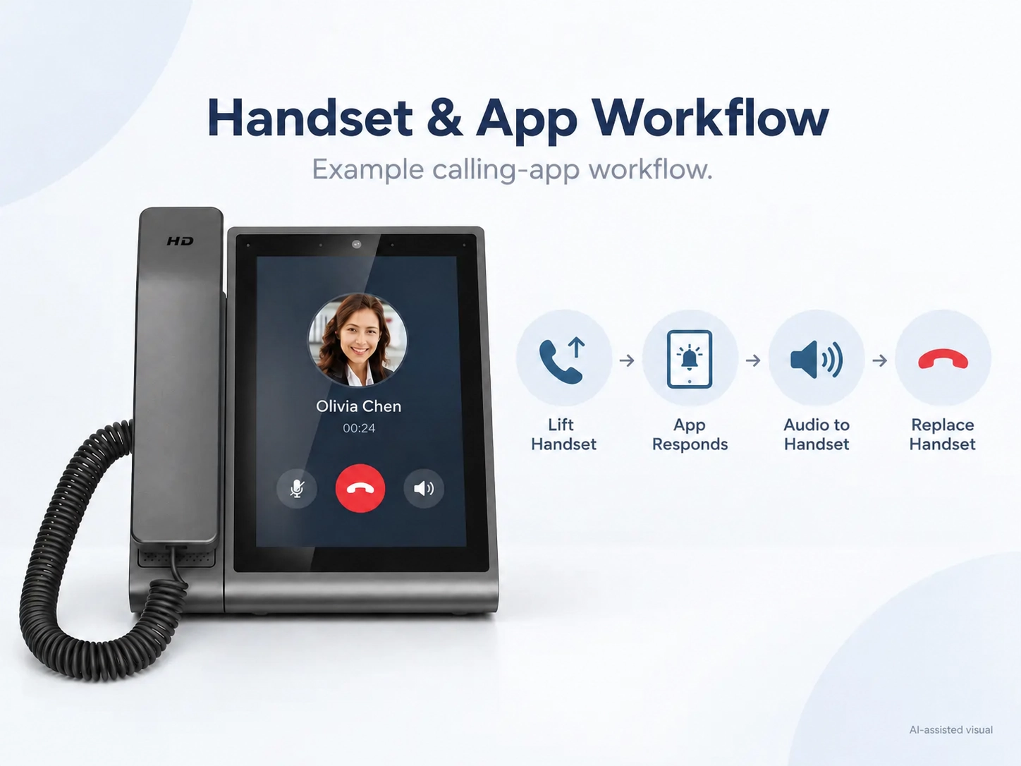 Android desk phone handset and calling-app workflow.webp