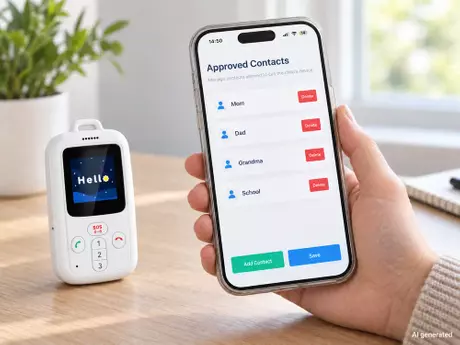 Parent app managing approved contacts for a KAER kids phone.webp