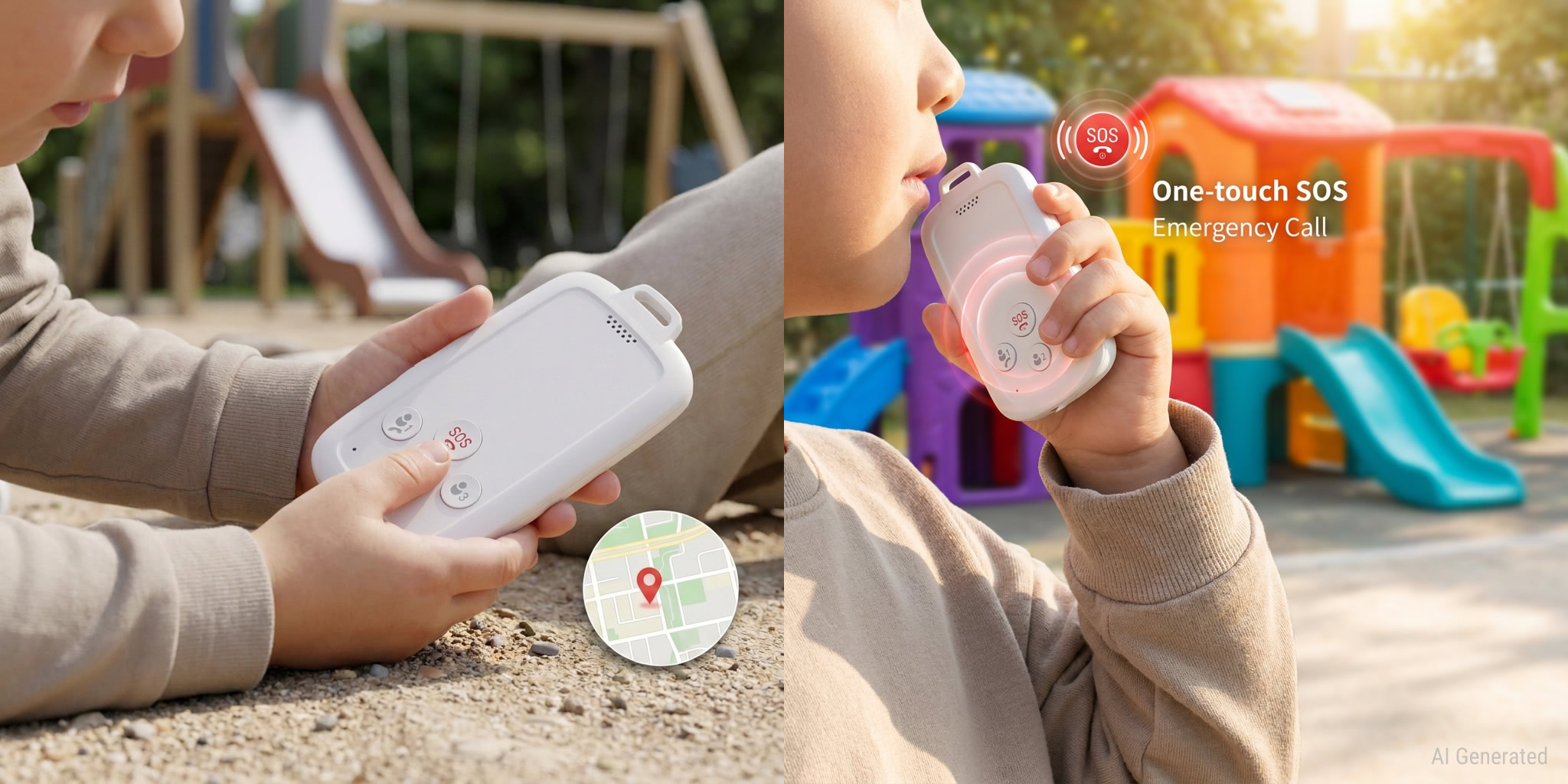A child using a 4G kids GPS tracker device and phone alternative with a one-touch SOS emergency call button at a playground