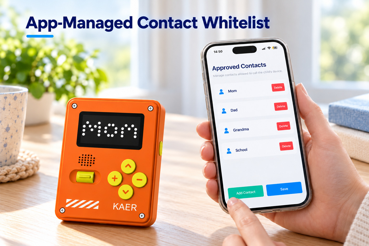 KAER-KXS18-beside-a-smartphone-showing-the-app-managed-contact-whitelist