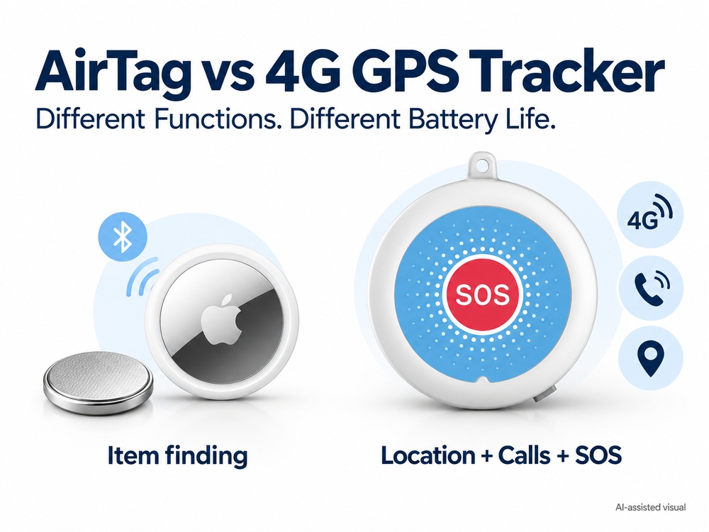 AirTag location relay through nearby Find My devices compared with a 4G GPS tracker reporting through its own cellular connection.jpg