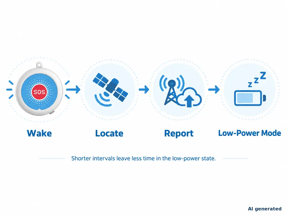 Four-stage 4G GPS tracker update cycle from wake and location acquisition to reporting and low-power mode.webp