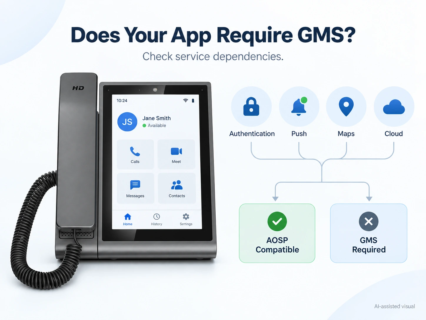 Android desk phone GMS dependency check for authentication, push notifications, maps and cloud services.webp