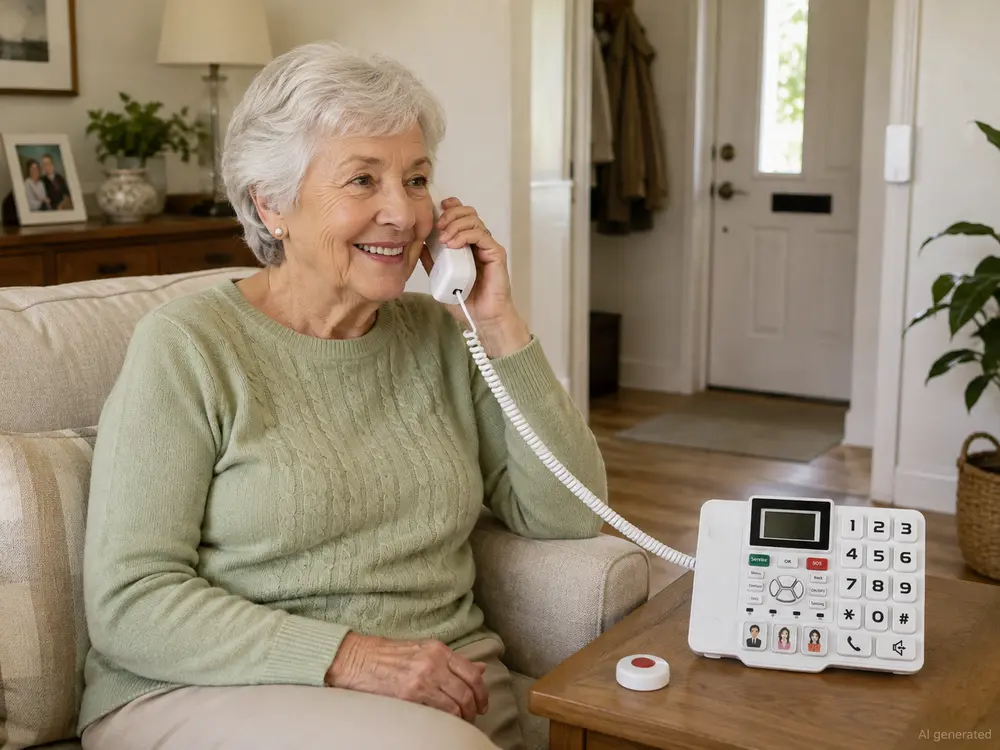 Senior using an HP11 home telecare phone with emergency button.webp