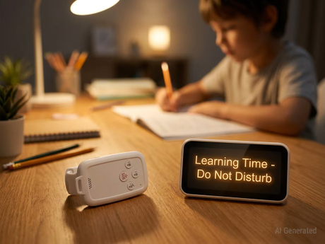 A child studying with a 4G kids GPS tracker device and a screen showing Learning Time Do Not Disturb, exploring what age should a child get a phone..jpg