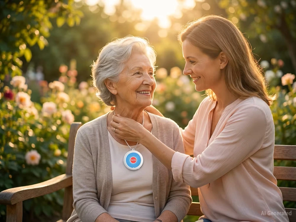 An elderly woman wearing a round SOS emergency button necklace smiles with her daughter in a garden, representing elderly GPS tracker devices for tele.webp