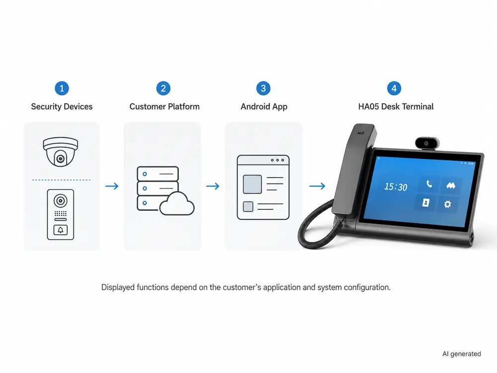 HA05 Android desk phone working with a customer application in a security communication project.webp