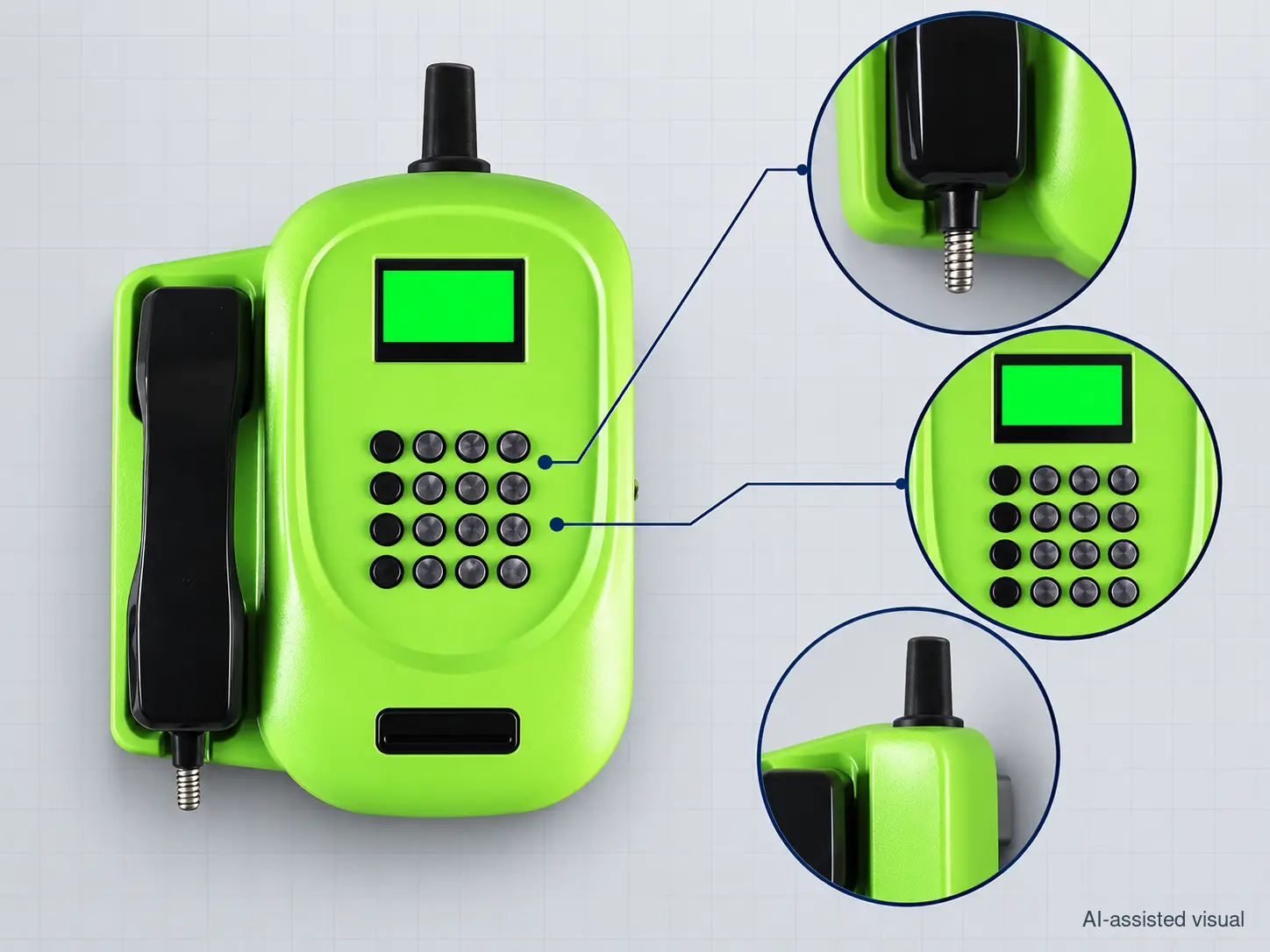 KAER HS03 wall-mounted payphone with physical keypad, handset, display and antenna details.webp