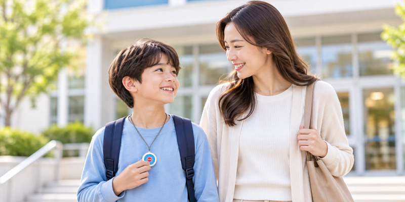 - Child wearing an HTK01 GPS tracker beside his mother near school