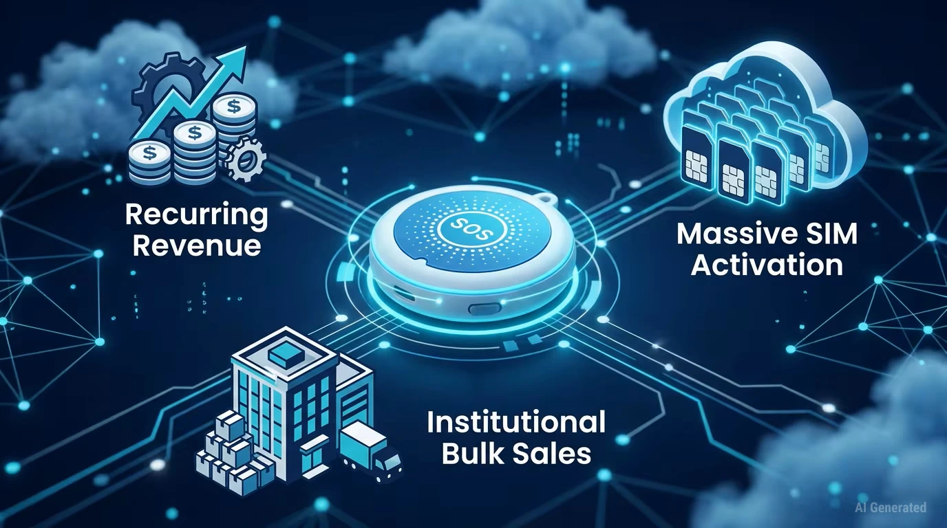 A digital infographic showing the smart telecare ecosystem for carriers, with an Elderly GPS Tracker Device connected to Institutional Bulk Sales, Mas.webp