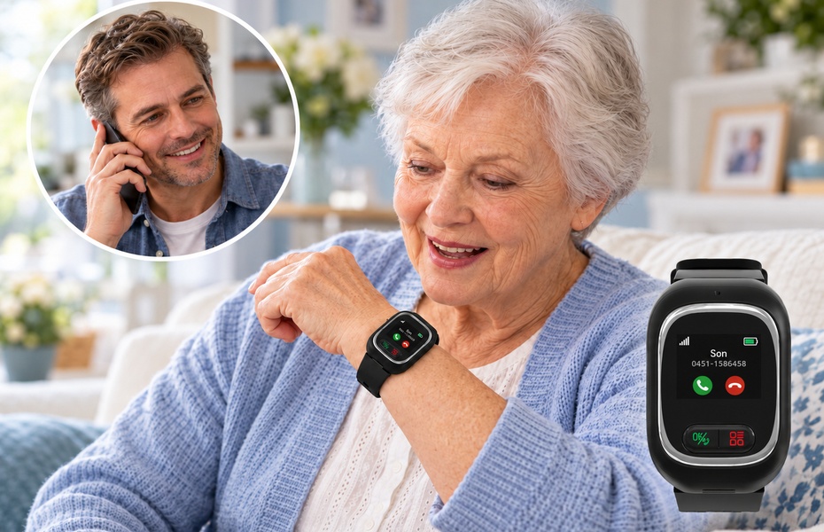 Senior woman calling her son with an HW02 watch