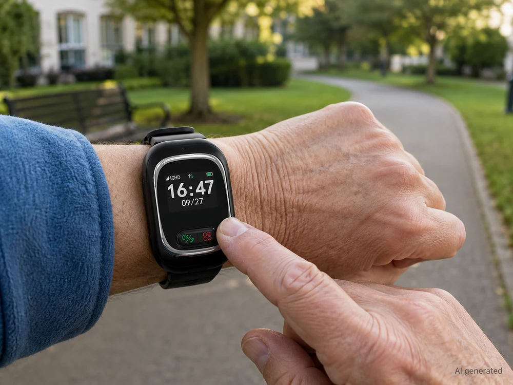Older adult using the SOS button on a 4G senior watch during an outdoor walk.webp