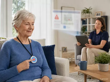 Senior testing an SOS device while a caregiver reviews the alert on a connected care platform.webp
