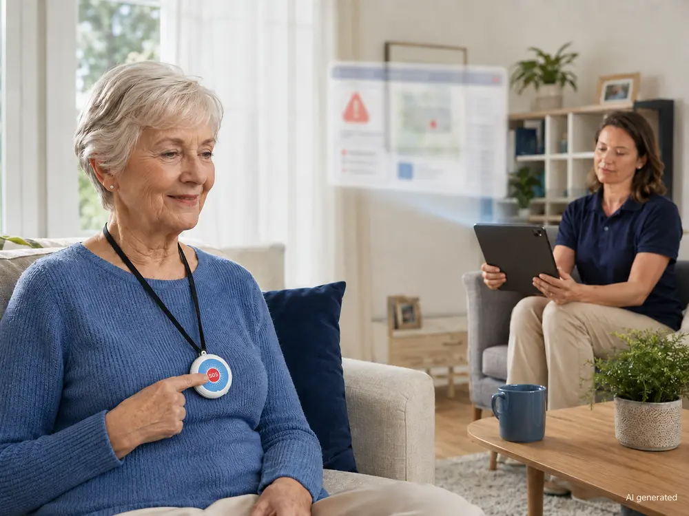 Senior testing an SOS device while a caregiver reviews the alert on a connected care platform.webp