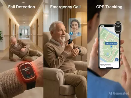 Infographic illustrating 4G senior smartwatch functions including emergency call, fall detection alert, and GPS tracking used in telecom ARPU growth strategies..webp