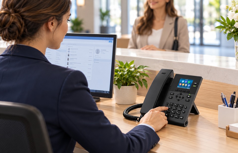Receptionist operating a KAER KS31 SIP desk phone at a reception counter