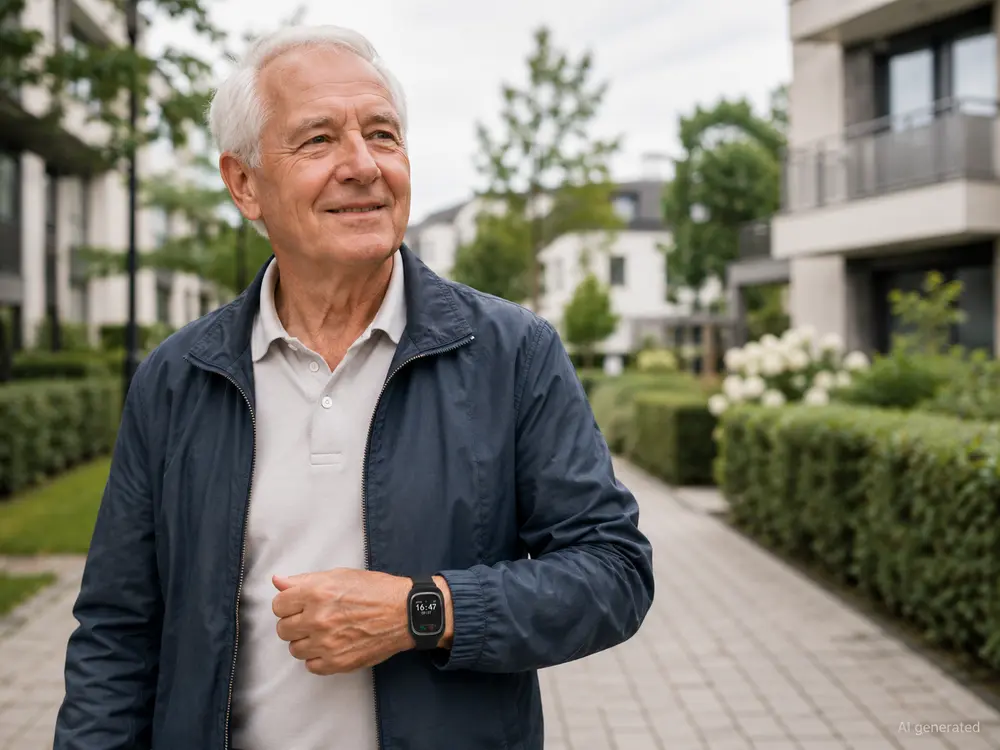 Senior wearing a 4G smart watch for independent communication and location support.webp