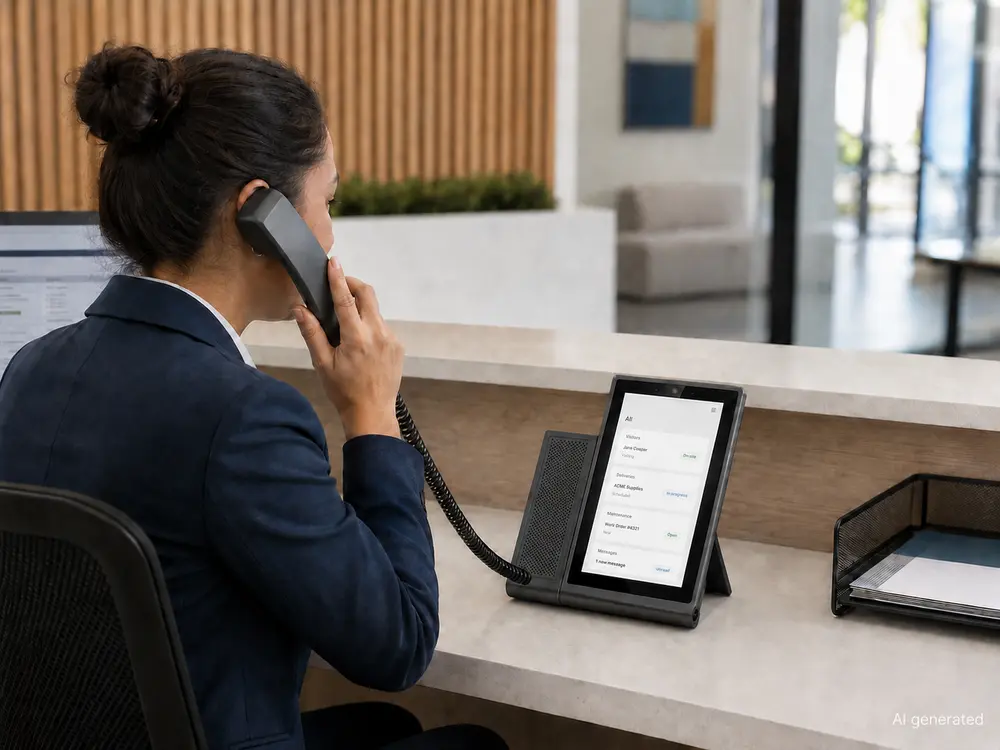HA06 Android desk phone used at a shared reception workstation.webp