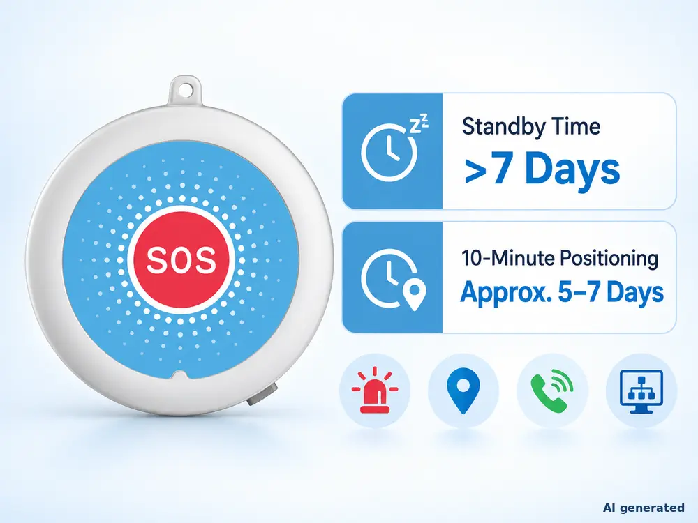 HTK01 4G SOS GPS tracker standby time and 5–7 day operating time at a 10-minute positioning interval.webp