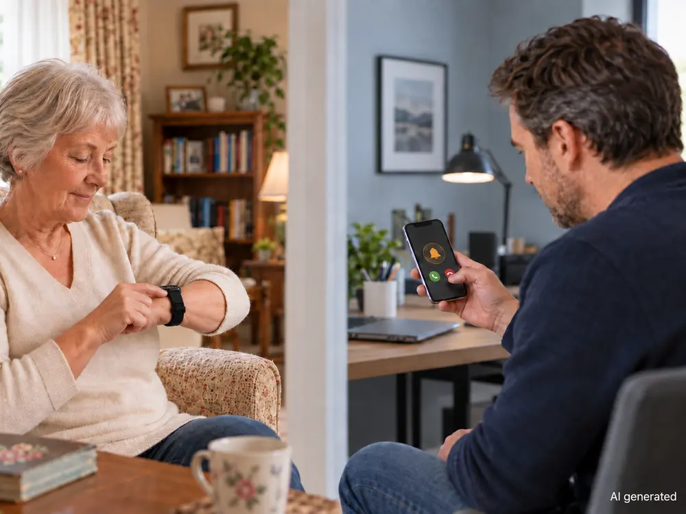 Senior using a 4G health monitoring watch while a caregiver receives a remote alert.webp