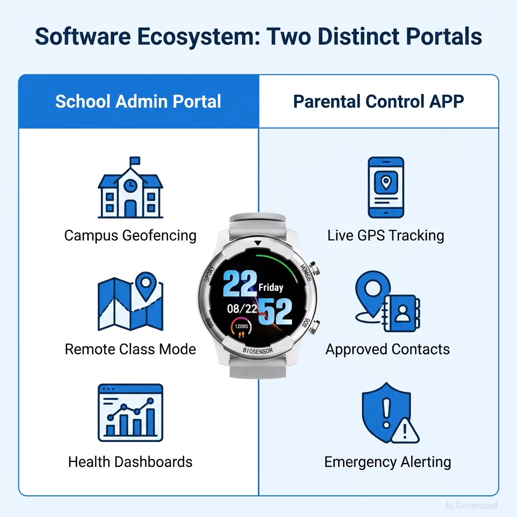B2B2C business logic framework showing how 4G kids smartwatch solutions connect telecom carriers, schools, and parents for student safety tracking.jpg