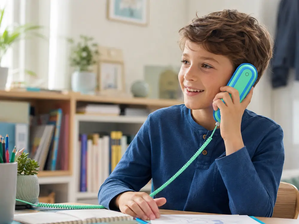 Child using KAER KS20 screen-free WiFi phone at home