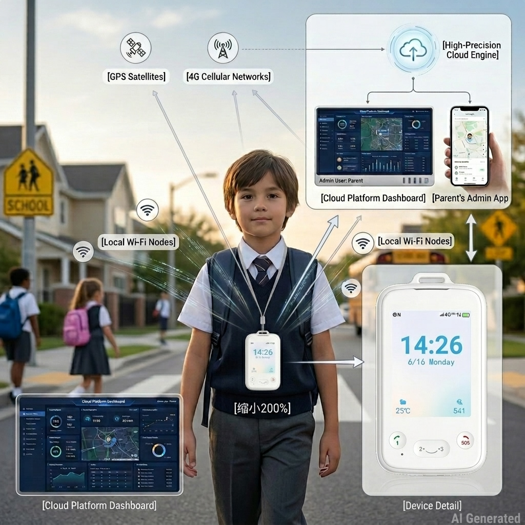 A 4G Android kids smart tracker phone architecture showing multi-point GPS, cellular network positioning, and digital map tracking.