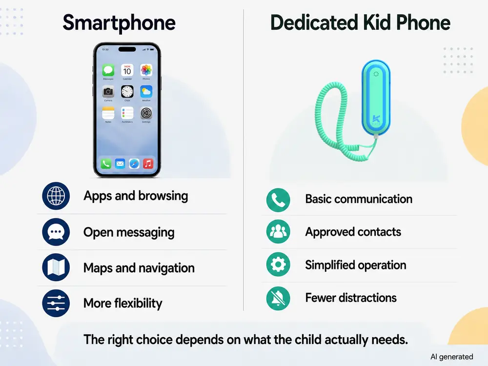 Key differences between a smartphone and a dedicated kid phone, including apps, messaging, communication and distractions.webp