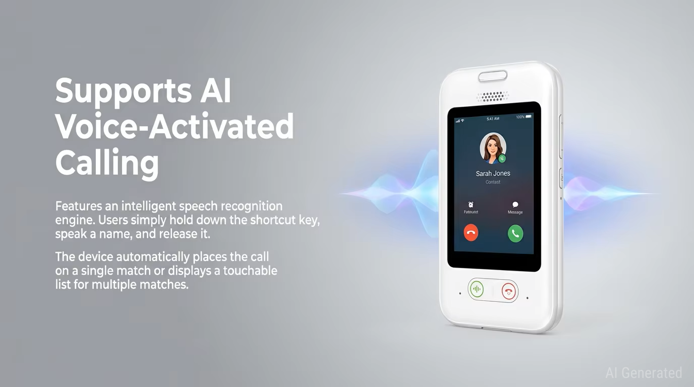 Kaer HC05 smart electronic ID badge showing its AI voice-activated calling feature interface..png
