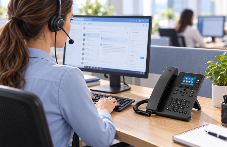 Customer service agent wearing a wired headset beside a KAER KS31 SIP phone