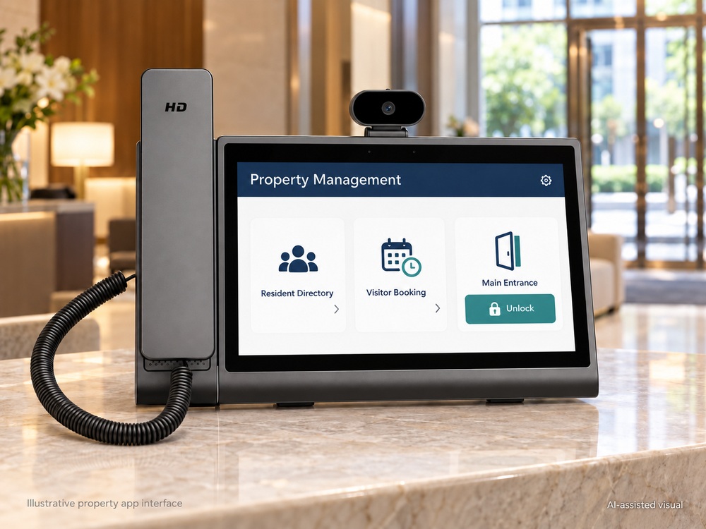 KAER Android desk phone displaying a property app concept with door access controls.jpg
