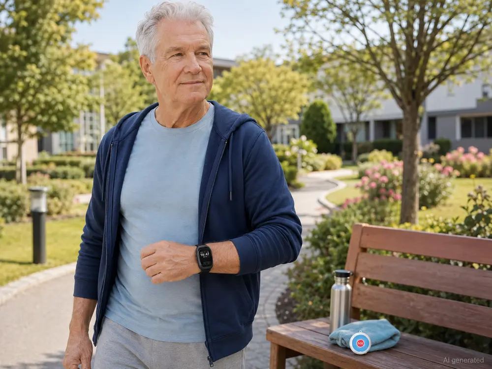 Senior using a 4G telecare watch with an SOS pendant option.webp