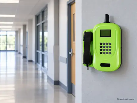 KAER HS03 managed payphone installed in a school corridor.webp