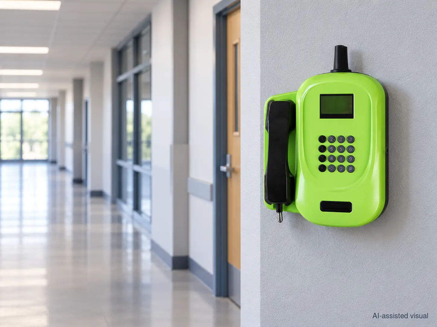 KAER HS03 managed payphone installed in a school corridor.webp