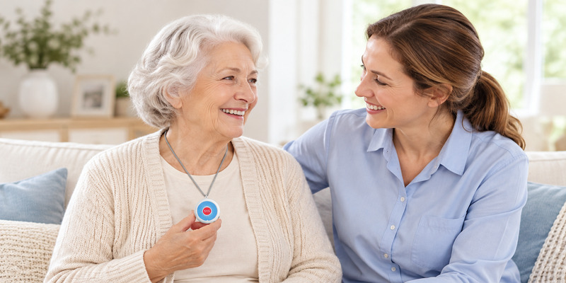Senior woman wearing an HTK01 SOS GPS tracker with a caregiver
