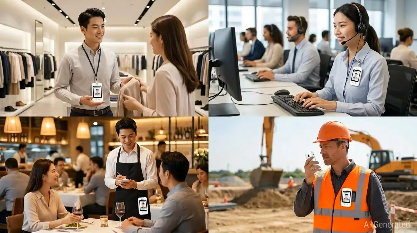 Kaer HC05 smart electronic ID badge application scenarios in retail, office call center, restaurant, and construction site.png