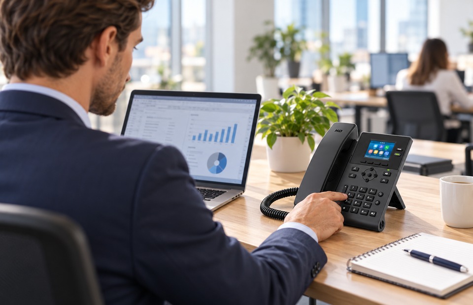 Office worker using a KAER KS31 SIP desk phone beside a laptop