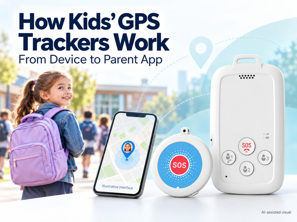Kids GPS trackers alongside an illustrative parent app in a school arrival scene.jpg
