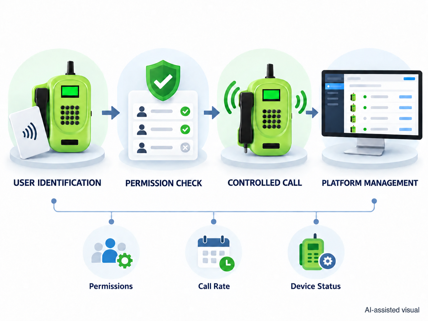Managed payphone workflow from user identification and permission checks to calls and platform management.png