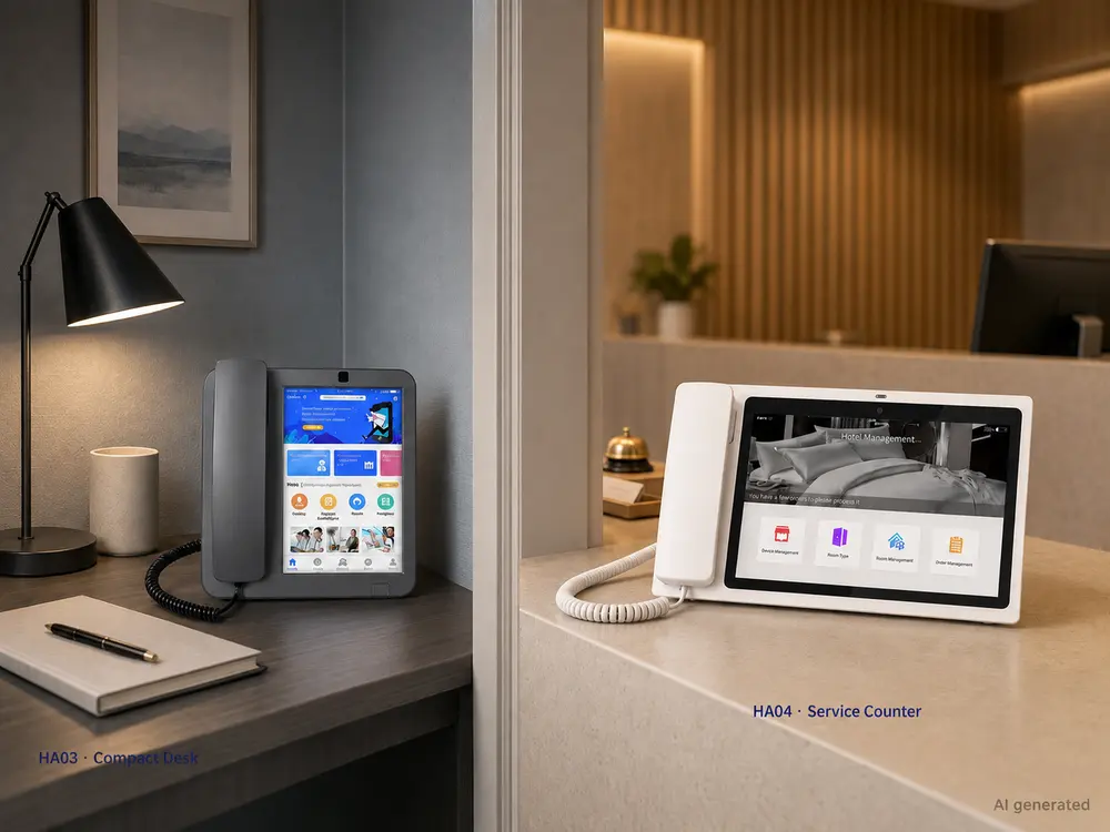 KAER HA03 compact desk and HA04 hotel service counter application comparison.webp