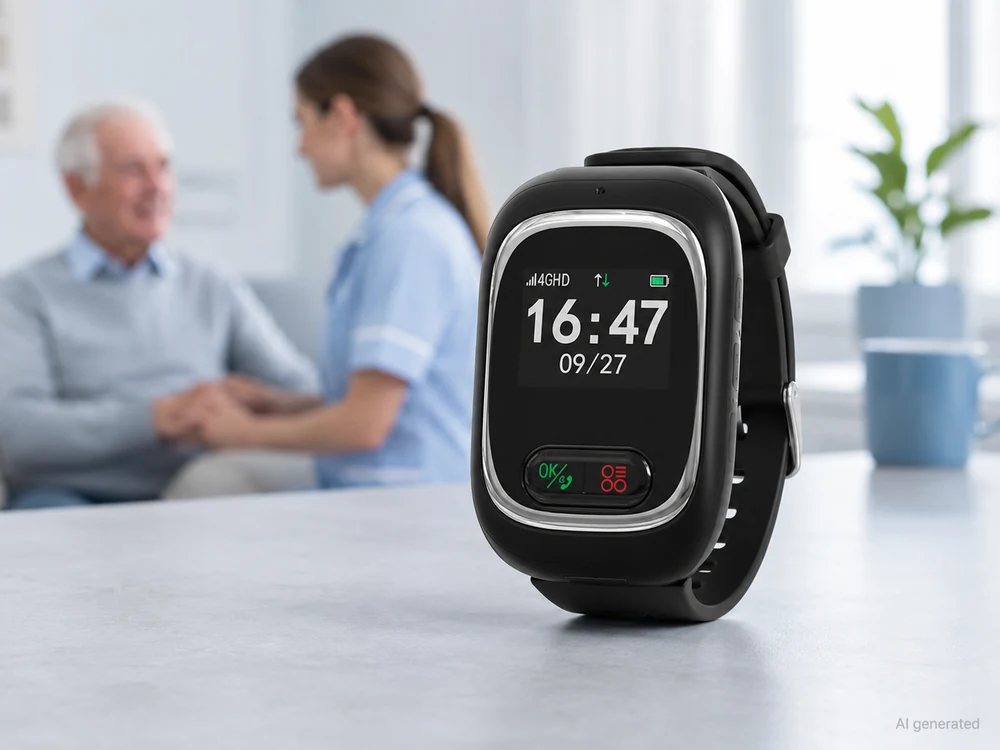 4G senior watch for telecare projects with an older adult and caregiver in the background.webp