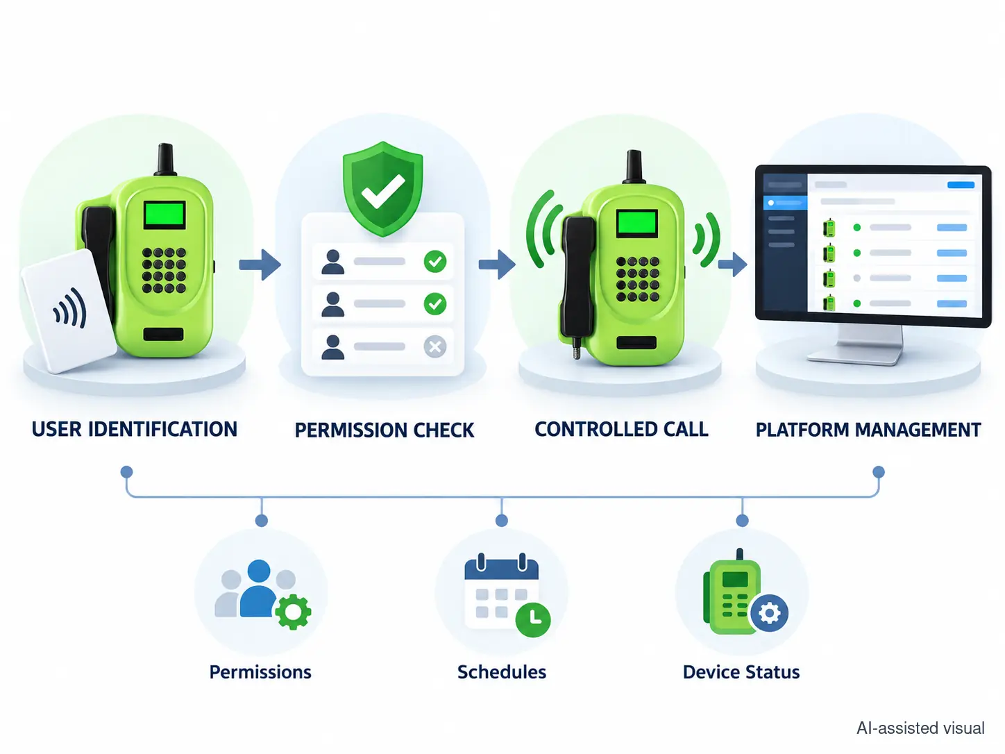Managed payphone workflow from user identification and permission checks to calls and platform management.webp