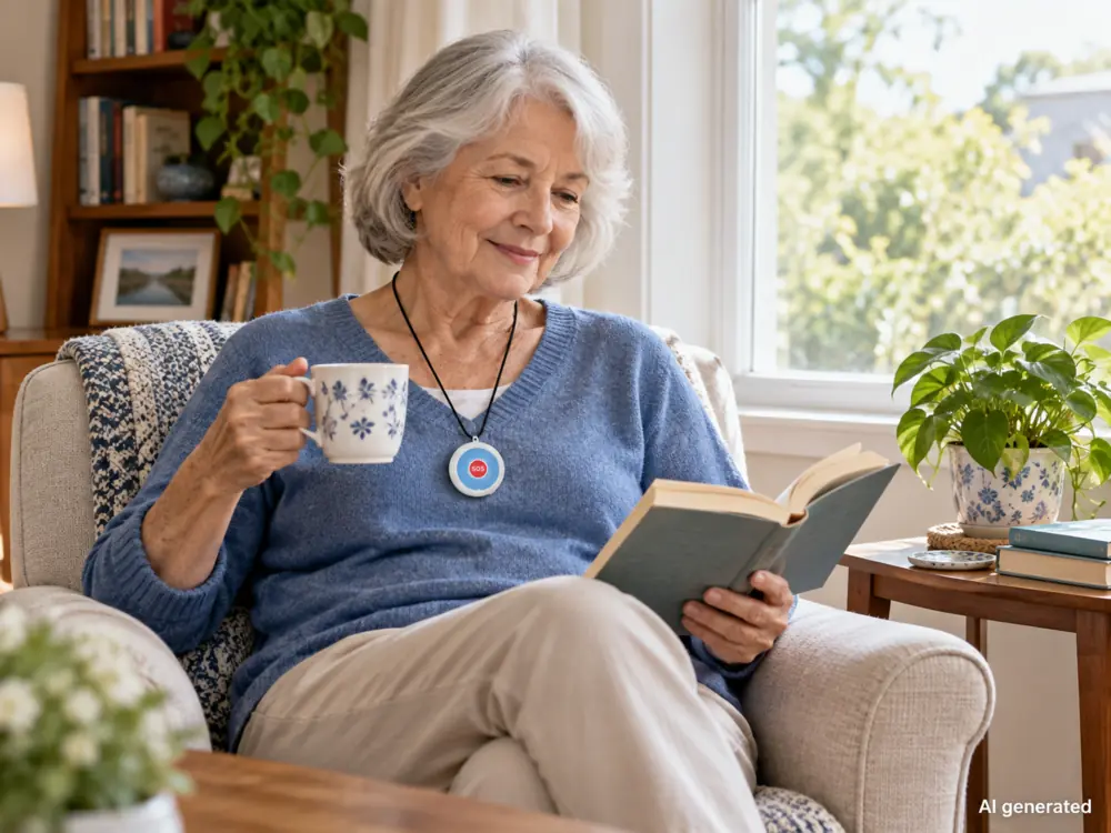 Older adult wearing an SOS pendant while aging in place at home.webp