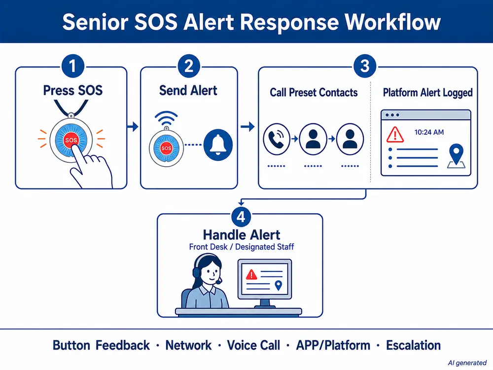 Senior SOS alert response workflow from button activation to caregiver acknowledgement.webp