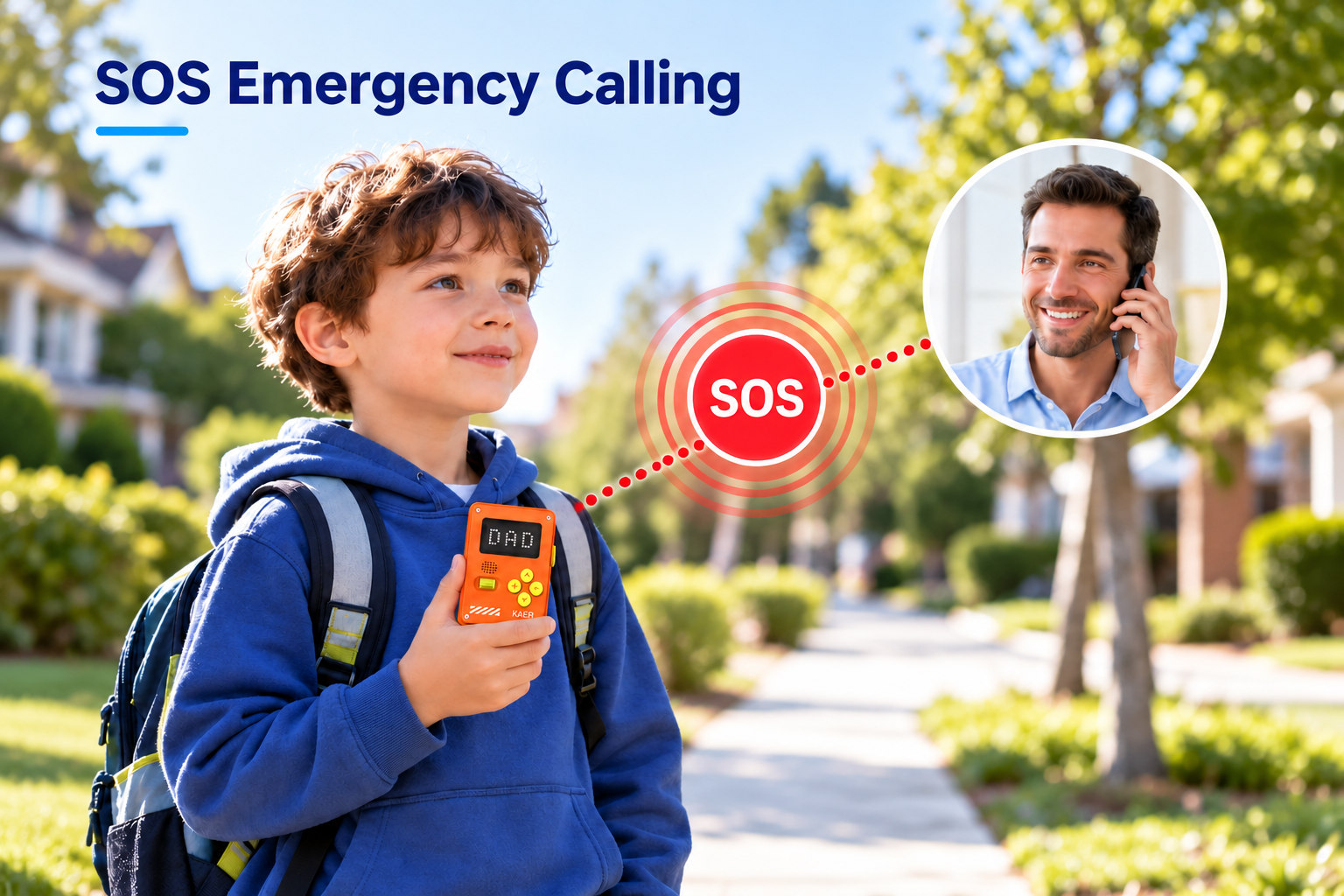 Child-holding-the-KAER-KXS18-with-an-SOS-alert-linked-to-a-parent-receiving-a-call