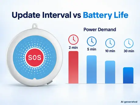 HTK01 4G GPS tracker showing how 2-, 5-, 10- and 30-minute update intervals affect power demand.webp