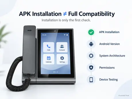 Android desk phone APK compatibility check for Android version, system architecture, permissions and device testing.webp