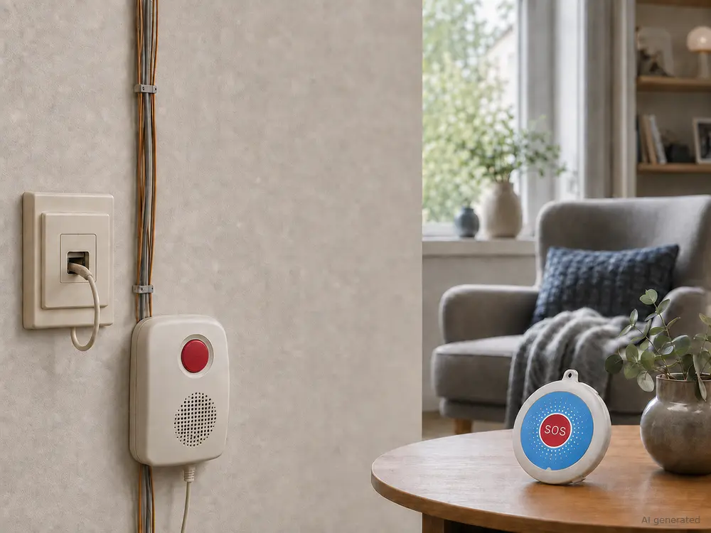 Legacy fixed-line telecare alarm and HTK01 SOS device in a European home.webp